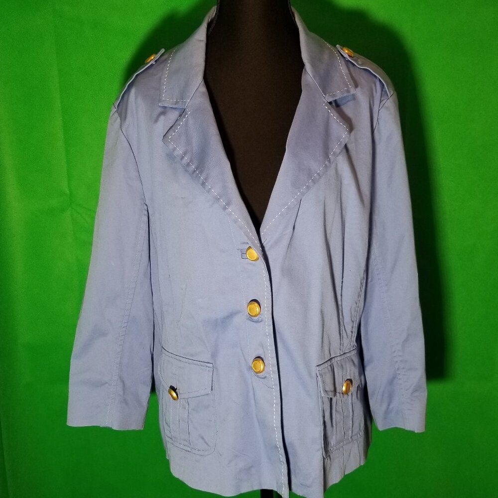 Joan Rivers Woman Large Blazer Jacket Light Blue Gold Metal Buttons Eplet Pocket